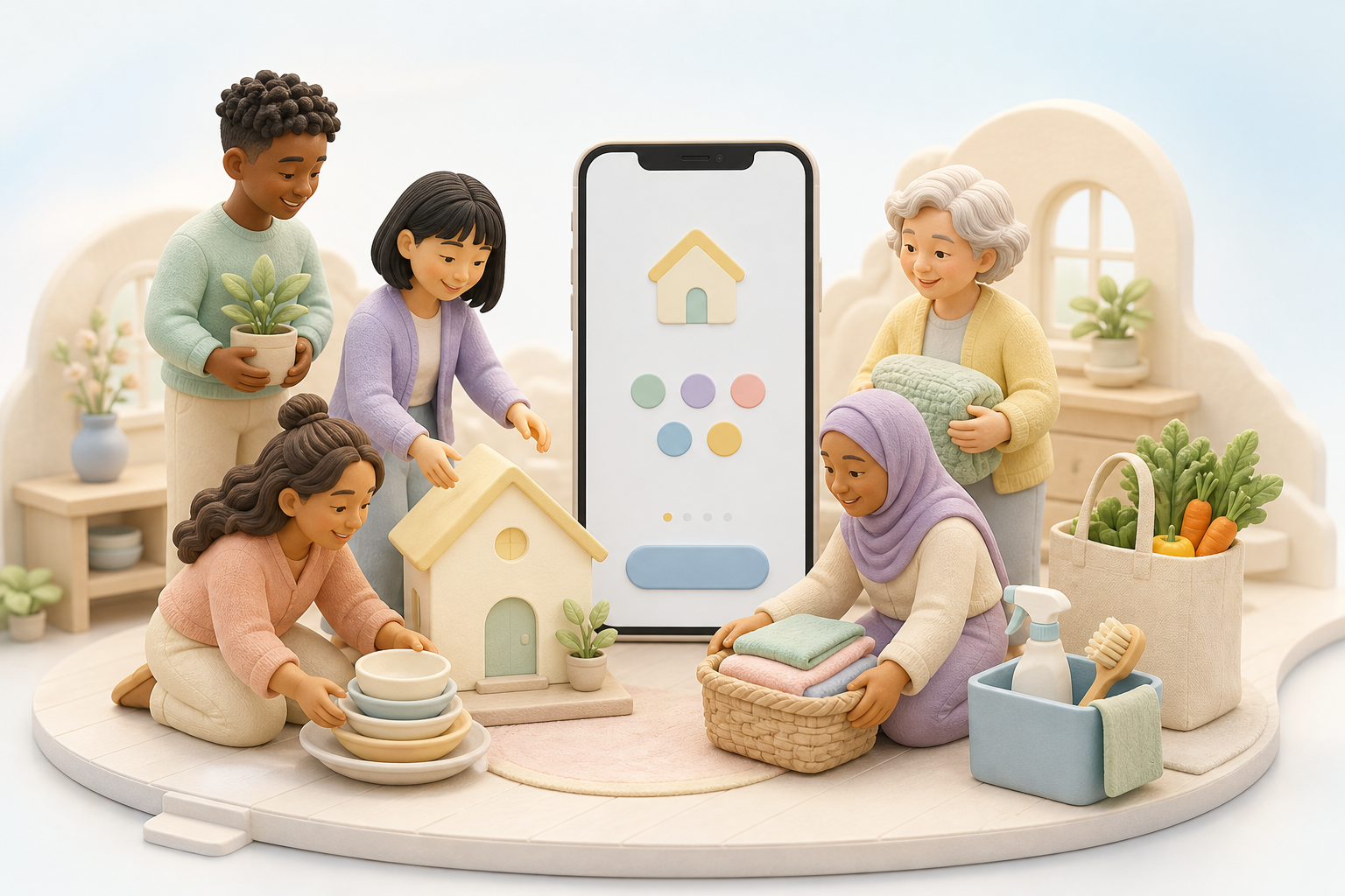 多様な5人の3Dアバターが、スマートフォンを囲んで共同生活の家をつくる様子